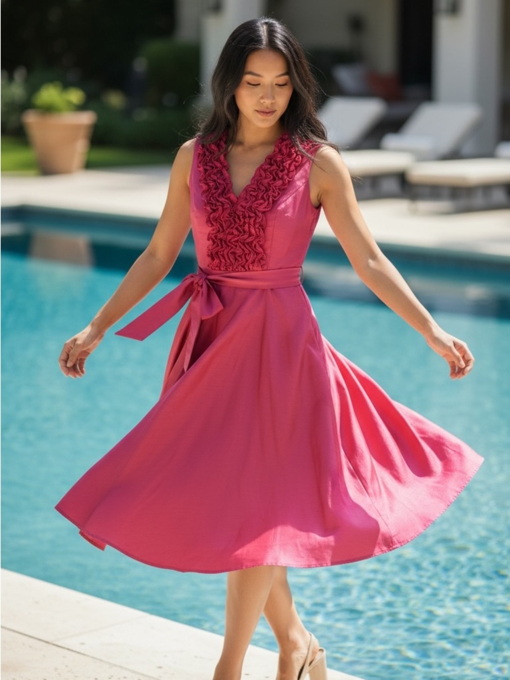 Jessica Howard Fuchsia Ruffle V-Neck Fit-and-Flare Dress